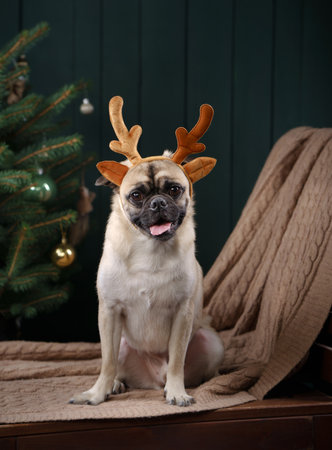 dog in christmas horns. New Years mood with pet. pug in holiday interior at homeの写真素材