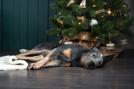 dog on a chair by the christmas tree. Festive decorated interior. Australian Hiller at homeの写真素材