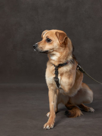 portrait of a beautiful dog on a brown canvas. Mix of breeds. Pet in the studio, artistic photo on the backgroundの写真素材