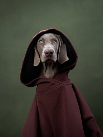 weimaraner puppy in a hooded sweatshirt on a green canvas background. Funny dog in the studioの写真素材