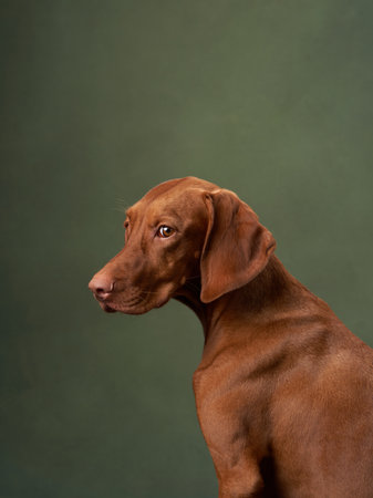 dog on green canvas background. Charming and emotional Hungarian Vizslaの写真素材