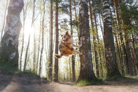 The dog pushes off, jumps from the tree. Active pet on a walk. Happy border collie