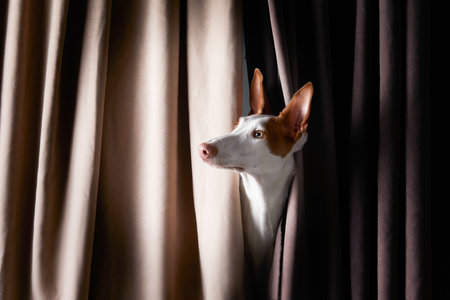 dog on dack background in the studio. portrait spanish greyhound, podenko ibitsenko with fabric, curtain, peeking outの写真素材