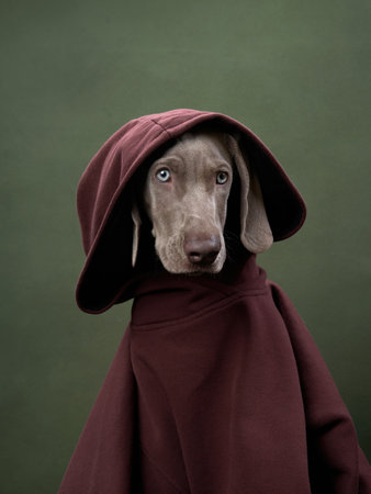 weimaraner puppy in a hooded sweatshirt on a green canvas background. Funny dog in the studioの写真素材