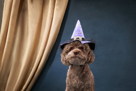 small poodle dog in a sorcerers hat. Halloween petの写真素材