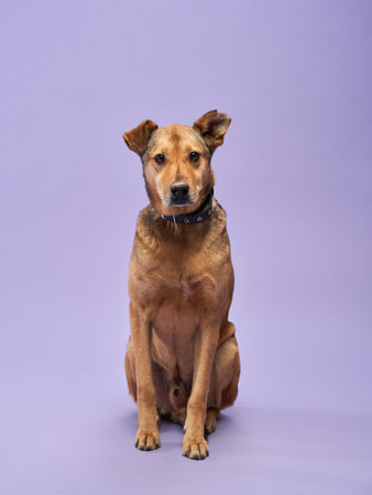 portrait of a beautiful dog lilac background. Mix of breeds. Sweet Pet in the studio