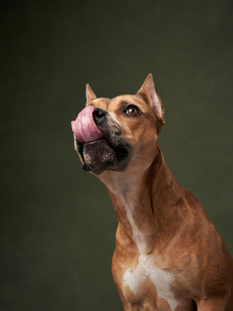Funny dog in a hat. Happy American pit bull terrier licks his lips on a green background