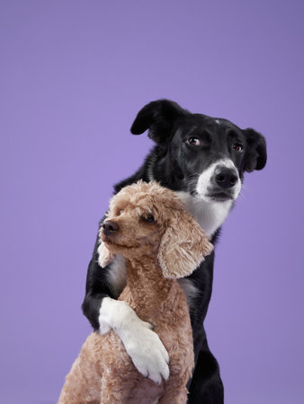 dogs play on purple background. Border collie and poodle with funny muzzle, emotion
