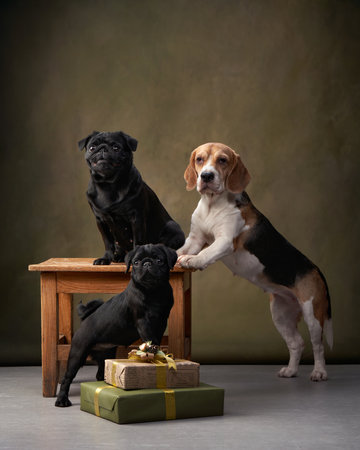 a beagle dog and two pugs by gift on a textured background. Pets in retro decorations. Animals in...