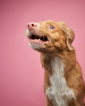 dog funny muzzle catches yummy. Nova Scotia Duck Retriever, toller on a pink backgroundの写真素材