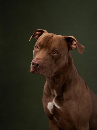 Funny dog in a hat. Happy American pit bull terrier licks his lips on a green backgroundの写真素材