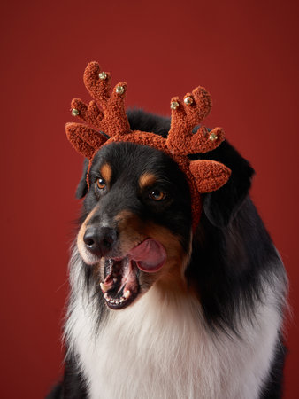 Red-haired dog on New Years background . Australian shepherd in Carnival Deer Antlersの写真素材
