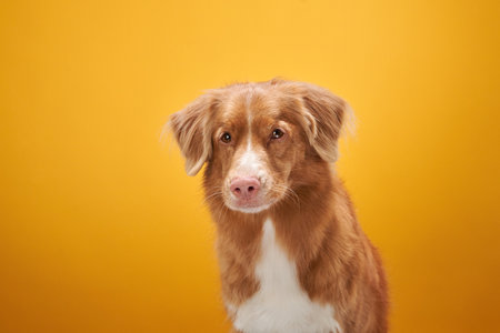 Sweet dog. Nova Scotia Duck Tolling Retriever, toller on yellow background in studioの写真素材