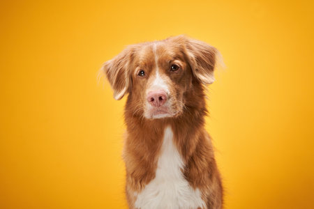 Sweet dog. Nova Scotia Duck Tolling Retriever, toller on yellow background in studioの写真素材