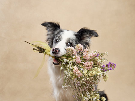 Marble Border Collie with flowers. Cute dog on a beige canvas background in studioの写真素材