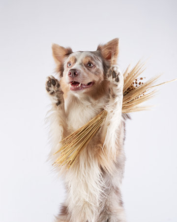 the dog holding flowers. Happy Border Collie in studio. holiday petの写真素材