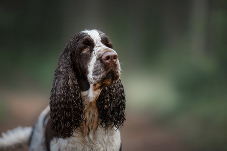 Portrait wet dog on nature. Springer Spaniel in nature. Fog, morning.