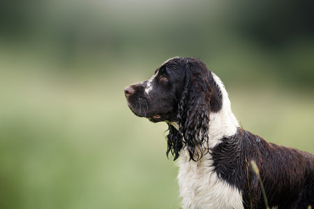 the wet dog on nature. Springer Spaniel plays in nature. Fog, morning.の写真素材