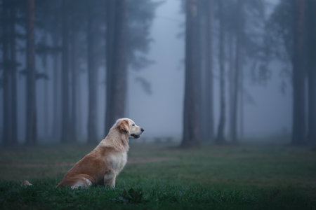 Dog in the misty forest. Golden Retriever in nature. Walking with a pet at fogの写真素材