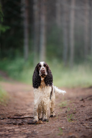 the wet dog on nature. Springer Spaniel plays in nature. Fog, morning.の写真素材