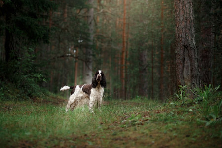 the wet dog on nature. Springer Spaniel plays in nature. Fog, morning.の写真素材