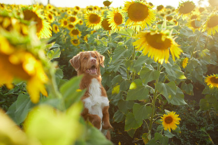 dog in sunflowers. cute nova scotia retriever in a field of flowers. Pet in natureの写真素材