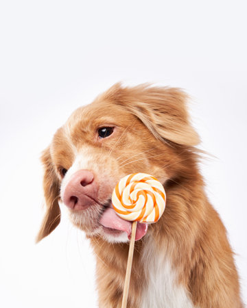 Sweet funny dog with candy. Nova Scotia Duck Tolling Retriever, toller on white background in studioの写真素材