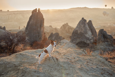 Little dog in cappadocia against the backdrop of the sandy mountains. Jack Russell Terrier at sunriseの写真素材