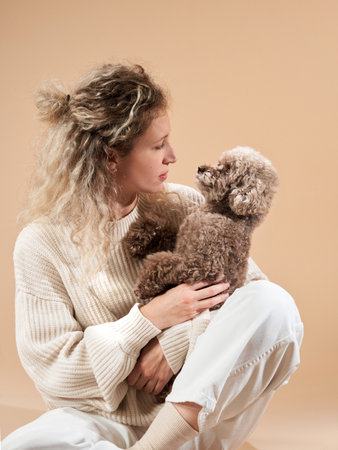Cute girl with a dog in a sweater on a beige background. Curly woman with chocolate poodle. cozy with a petの写真素材