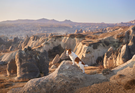 Little dog in cappadocia against the backdrop of the sandy mountains. Jack Russell Terrier at sunriseの写真素材