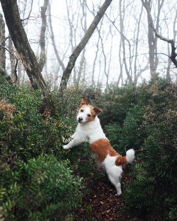dog in a foggy forest. Little pet in nature. Happy jack russell terrier