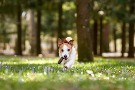 dog plays with a bump. Active Jack Russell Terrier on grass, in the park. Walking with a petの写真素材