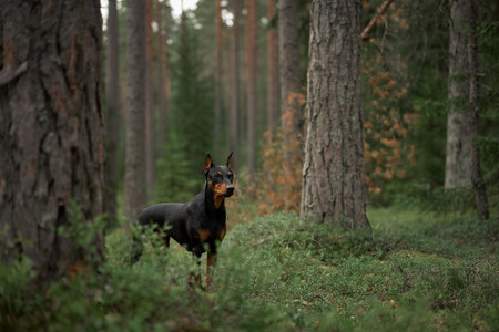 dog in a pine forest. German pinscher in nature. Walking with a pet, hiking in the woodsの写真素材