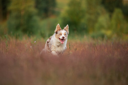 dog runs in the grass, field. Active pet outdoor. Smart Border collie in natureの写真素材