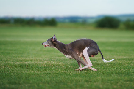 greyhound dog runs on the lawn. Whippet plays on grass. Active pet outdoorsの写真素材