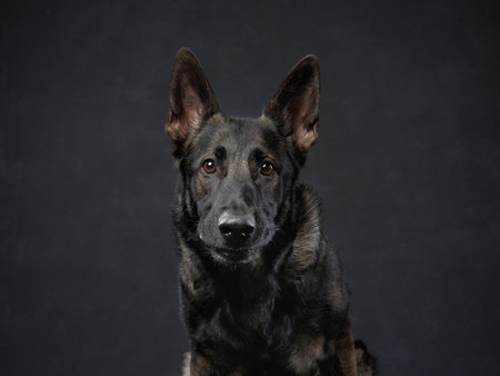 dog on a black background. Portrait of an East European Shepherd Dog. Pet in the studioの写真素材