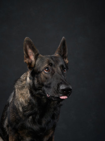 dog on a black background. Portrait of an East European Shepherd Dog. Pet in the studioの写真素材