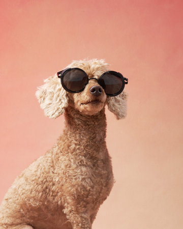 funny dog with glasses on a pink background. Happy red little poodle in studioの写真素材