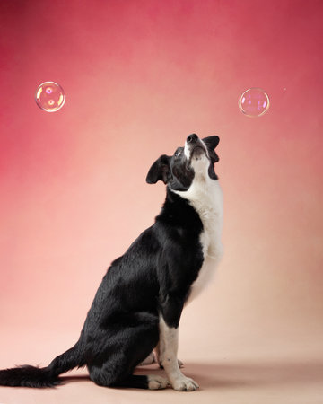 funny dog on pink background. Happy border collie in the studio. pet portraitの写真素材