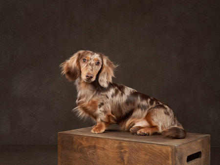 dogs sits on a wooden box on a cinnamon canvas background. Portrait of a pet on a chocolate background in the studio. beautiful marbled longhaired dachshundsの写真素材