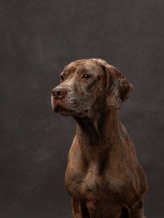 portrait of a beautiful red marble dog on a brown canvas. Mix of breeds. Pet in the studio, artistic photo on the backgroundの写真素材