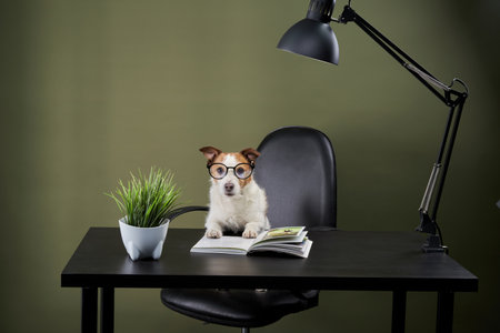 dog at the table with a book. funny boss jack russell terrier with glasses. lamp, flower, interiorの写真素材