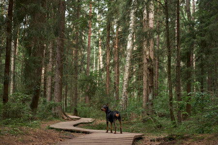 dog in a pine forest on a wooden path. German pinscher in nature. Walking with a pet, hiking in the woodsの写真素材