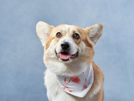 dog smiles. Funny welsh corgi pembroke on a blue background. Pet in the studioの写真素材