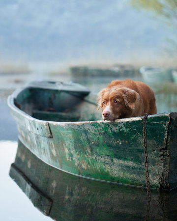 dog in the boat. The Nova Scotia Duck Tolling Retriever laid her head. sad. Travel and adventure with a pet in natureの写真素材