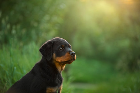A puppy in the grass, in the park. Cute Rottweiler dog in nature. Walking with a pet in parkの写真素材