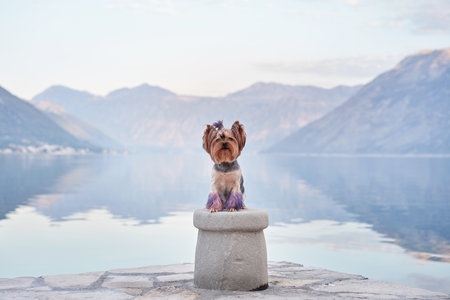 dog on the embankment against the backdrop of the blue mountains. Cute and little Yorkshire terrier in nature near the water on sunrise.の写真素材