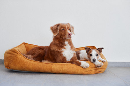 two dogs, small and large, lie on their yellow pet bed against the background of a white wall. Jack...