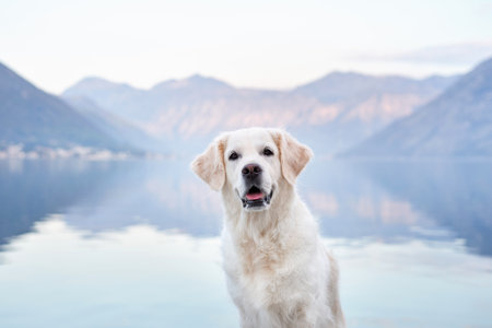 portrait of a dog in nature. Golden retriever on the background of mountains and the sea. Travel with petの写真素材