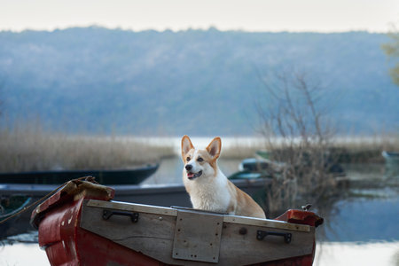 dog in a boat. funny red and white corgi Pembroke is sitting overboard. a pet in natureの写真素材